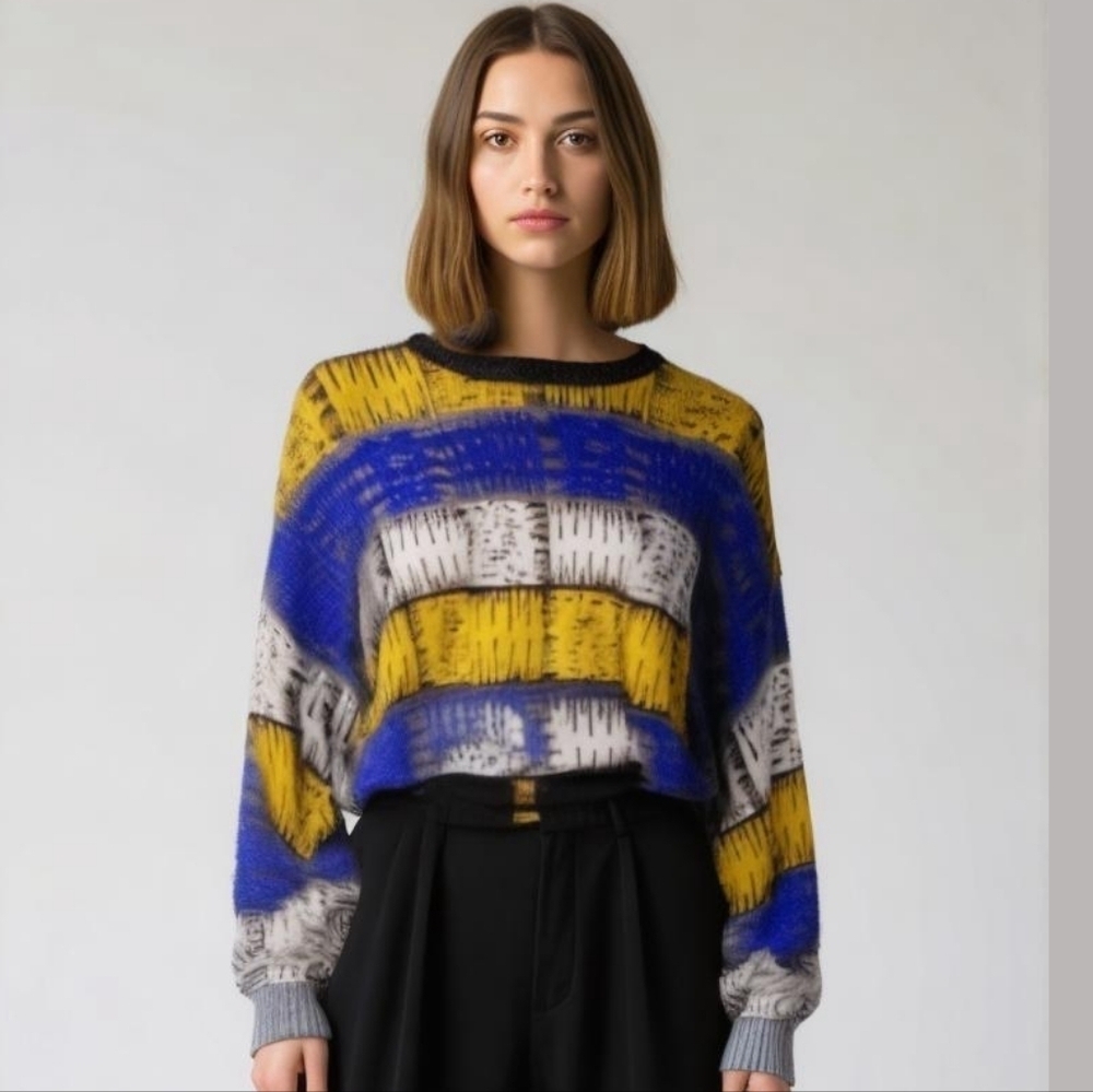 𝅺VINTAGE Y2K Primary Multicolored Stripes Knitted Crewneck Sweater Size XL